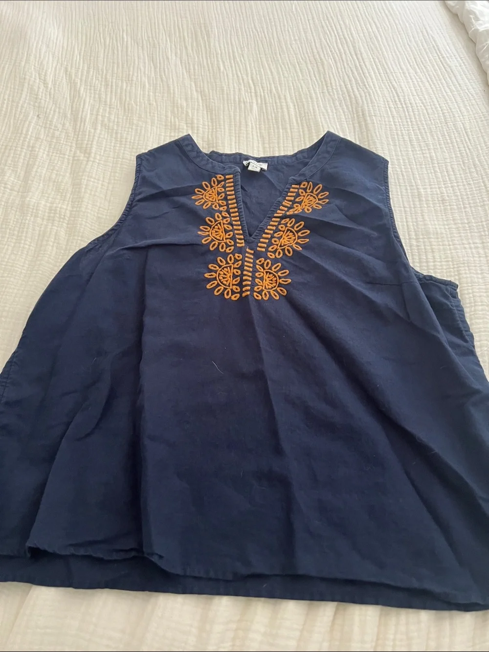 J. Crew Navy Sleeveless Cotton Shirt with Orange Embroidery
